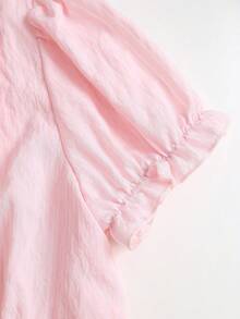 Sweetra French Romantic Elegant Girl Style Soft Light Pink Textured Ruffle Waist Blouse, V-Neck Puff Sleeve Design, Daily Fashion Brunch Tea Party Summer - Pink - View 7