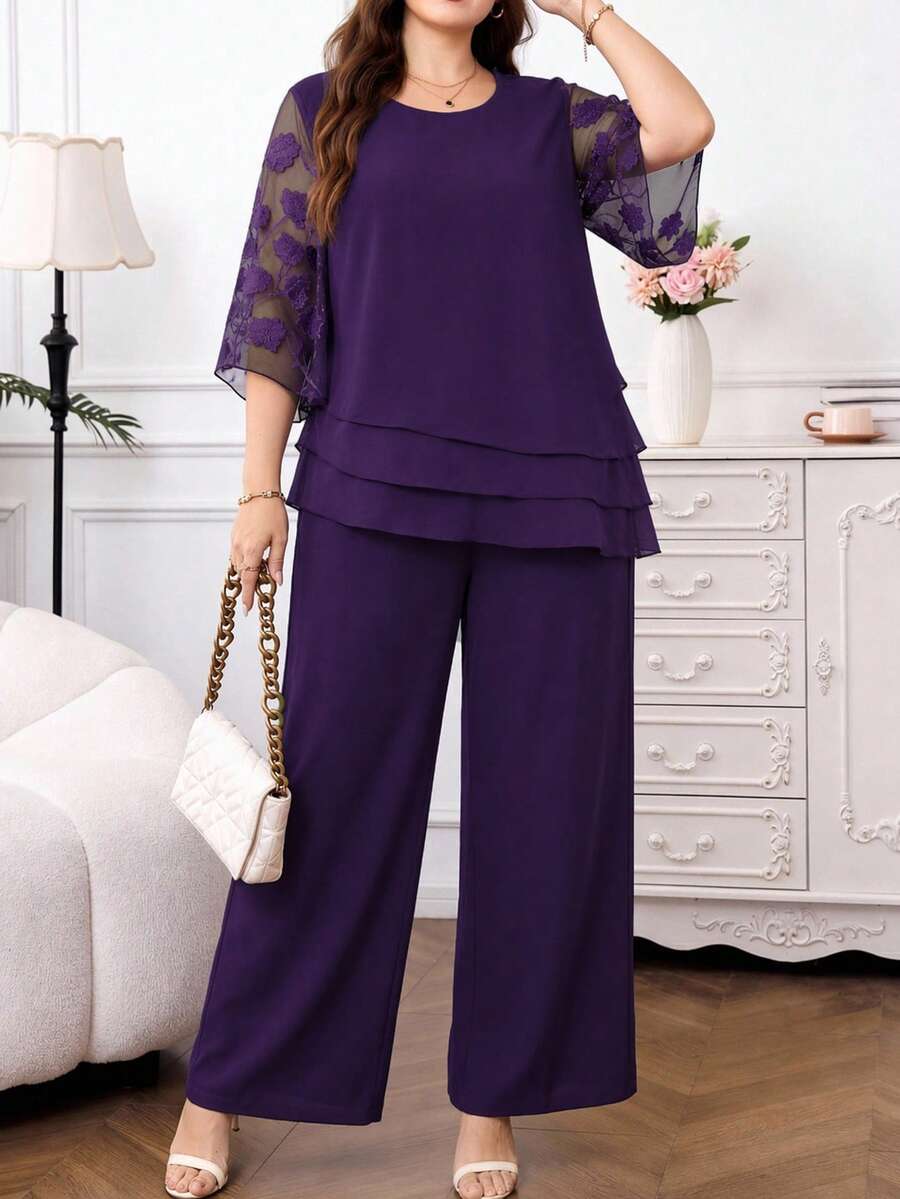 Reflora Plus Size Women's Floral Embroidered Pattern Mesh Patchwork Top And Pants Casual Elegant Traditional Business Dinner Mother Of The Bride 2-Piece Set - Purple - View 1