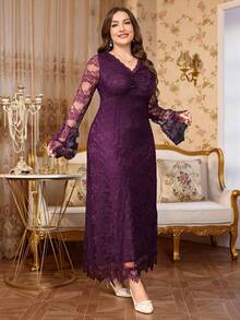 Reflora Plus Size Elegant Party Formal Evening Solid Color Lace Dress Autumn Wedding Purple Fall - Purple - View 4