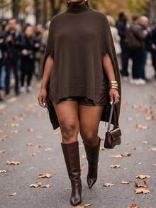Slaydiva Plus Size Autumn/Winter Fashion Solid Color Stand Collar Cape Knit Dress - Brown - View 4