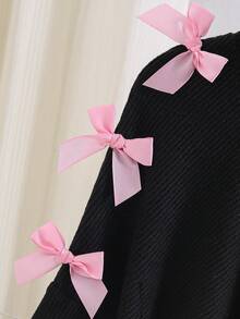SHEIN Elladie kids 女童 2 件套秋季套裝，長袖不對稱下擺上衣飾粉色蝴蝶結搭配粉色長褲，返校服飾，秋季女童衣著 - 彩色 - 查看 7