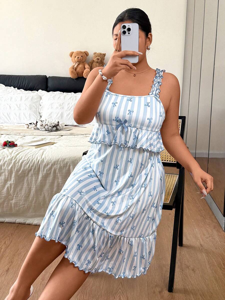 Napfluff CURVE Napfluff CURVE Blue Striped Bow Print Frill Trim Spaghetti Strap Plus Size Nightgown - Multicolor - View 1