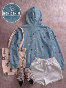 Tween Girl Rhinestone Denim Print Long Sleeve Casual Sweatshirt - Multicolor - View 2