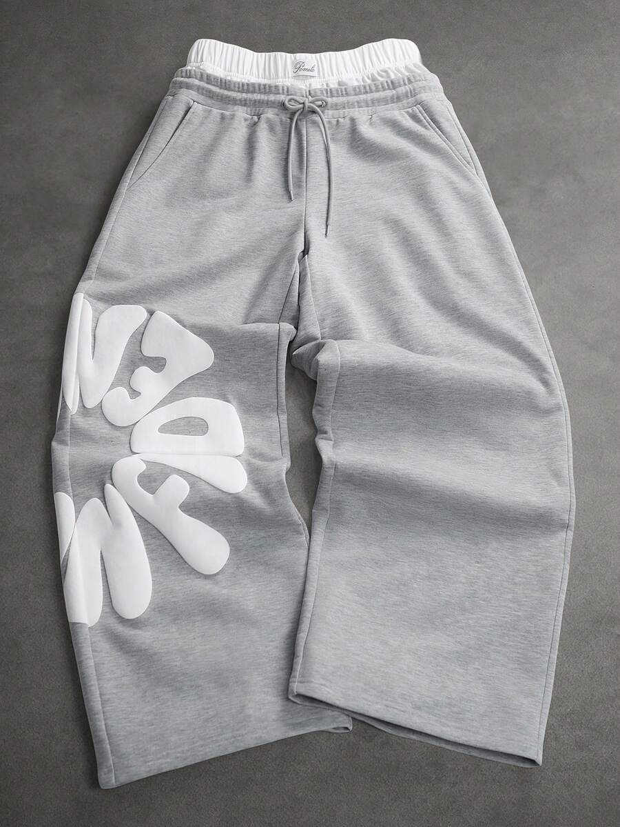 SLATEMANN Men's Letter Print Drawstring Waist Casual Wide Leg Sweatpants - Grey - View 1