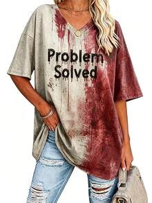 EMERY ROSE Women's Bloody Problem Solved Halloween Print V-Neck T-Shirt - Multicolor - View 1
