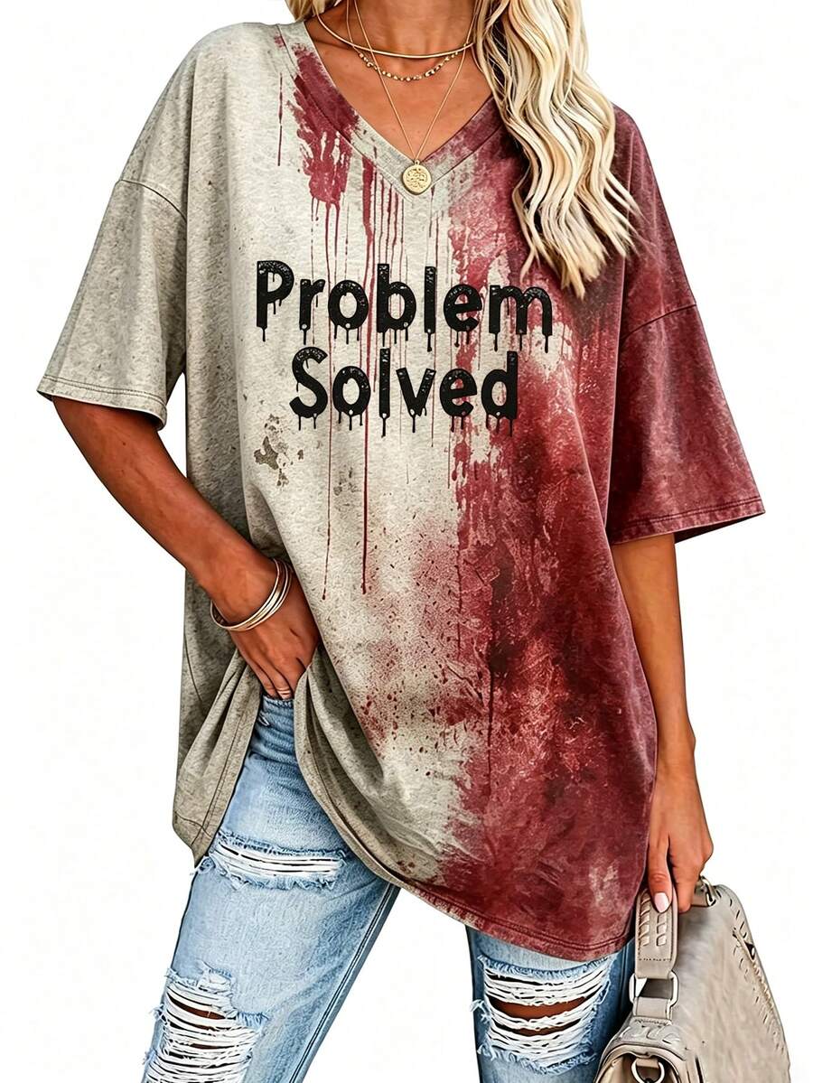 EMERY ROSE Women's Bloody Problem Solved Halloween Print V-Neck T-Shirt - Multicolor - View 1
