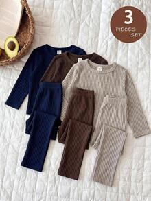 LMoss Kids Baby Boy Knit Solid Color Crew Neck Casual Top 3pcs -Piece Set - Multicolor - View 9