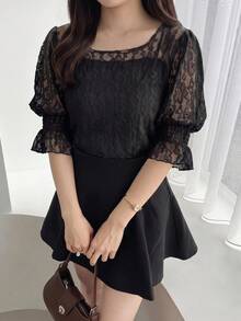 Bijouette Plus Size Black Lace Square Neck Puff Sleeve Blouse Ruffle Cuffs Ruched Slim Fit Women Slimming Versatile Elegant Brunch Birthday Summer - Black - View 9