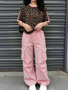 SHEIN Teen Girls Pink Leopard Print T-Shirt And Cargo Pants Set, Casual Fashion Spring Summer Autumn Outdoor Wear - Multicolor - View 3