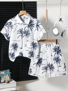 SHEIN 2件組青少年男孩短袖襯衫與短褲套裝，適合旅行、戶外、度假派對、夏季海灘度假、夏季氛圍、假期、春夏穿著 - 白色 - 查看 4