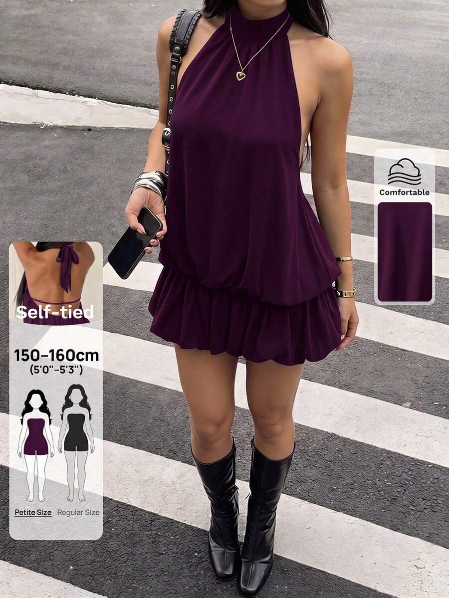 SHEIN PETITE 女款立領無袖荷葉邊下擺寬鬆上衣 - 紫色 - 查看 1