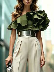 SHEIN French-Style Light Luxury Apricot Top: Women's Open Shoulder Blouse With Dramatic Ruffle - Army Green - View 1