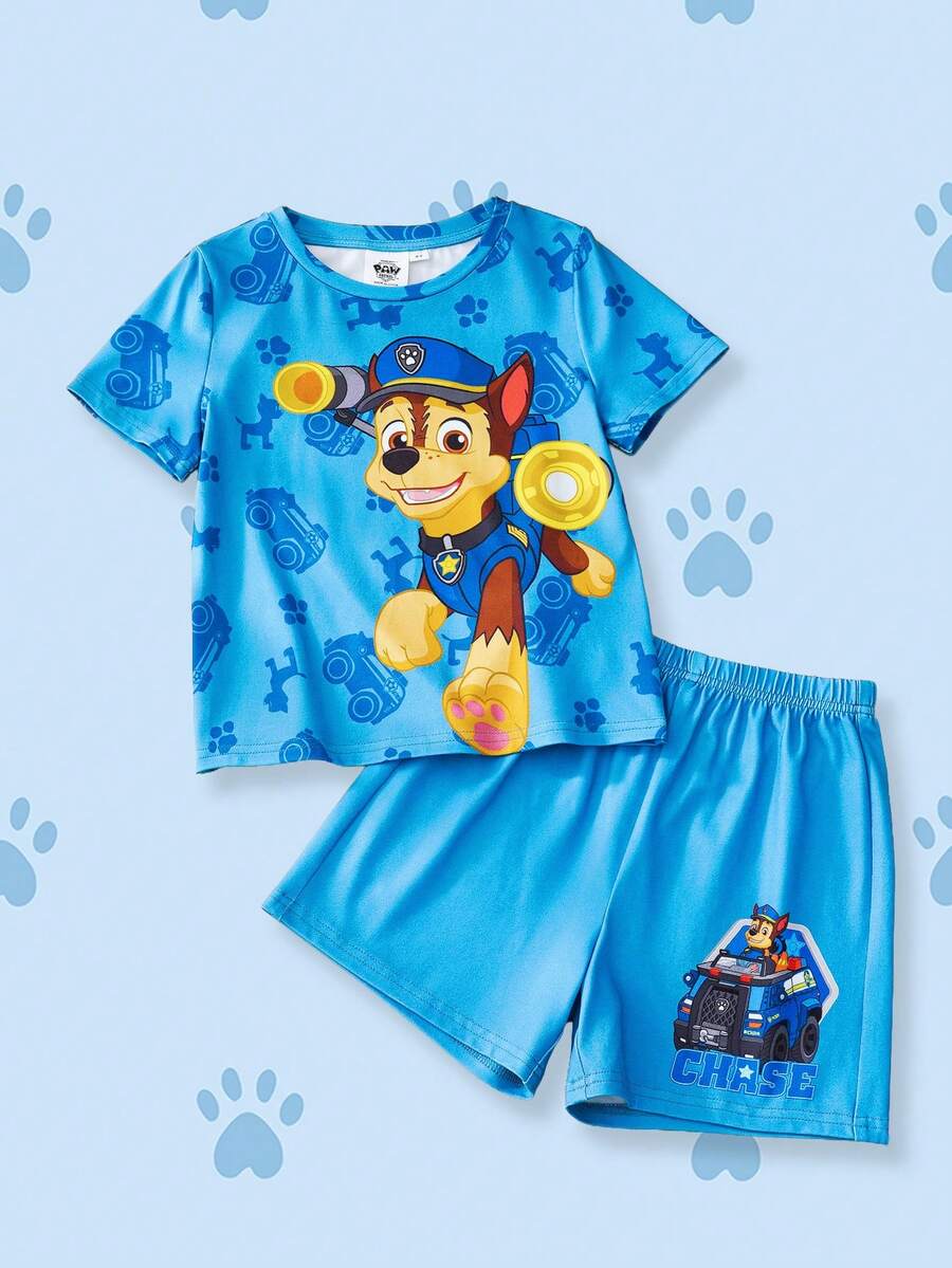 SHEIN | PAW Patrol 2pcs/Set Casual Style Young Boy Pajamas, Round Neck Short Sleeve Top And Shorts, Comfortable Loungewear - Blue - View 1