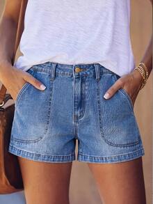 EMERY ROSE Plus Size Women's Casual Baggy Business Denim Shorts Pockets Dates Vacation Navy Blue Summer Formal - Blue - View 1