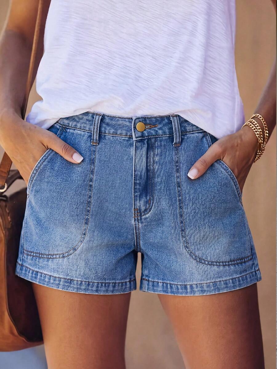 EMERY ROSE Plus Size Women's Casual Baggy Business Denim Shorts Pockets Dates Vacation Navy Blue Summer Formal - Blue - View 1
