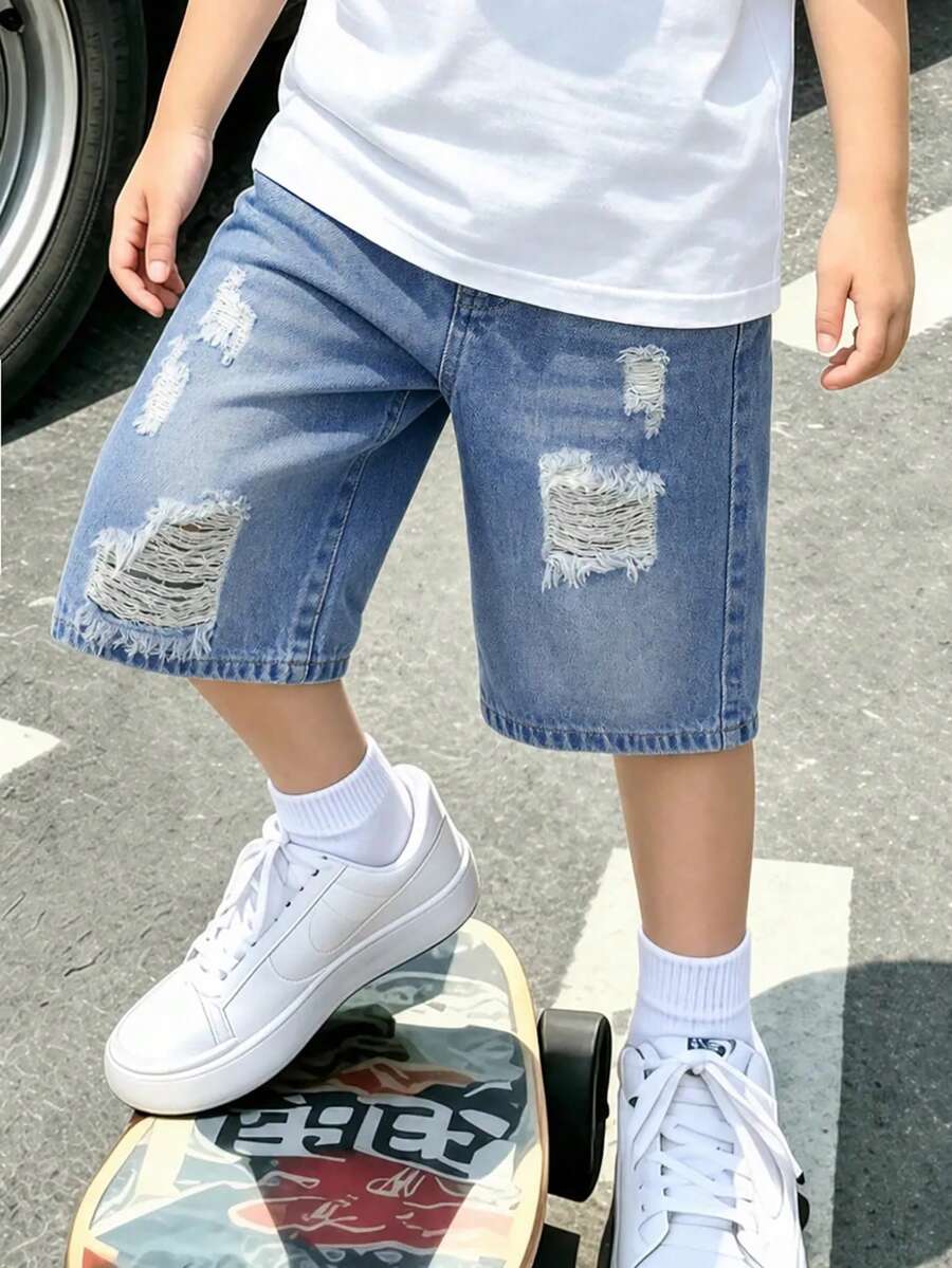 Boys' Summer New Mid-Blue Distressed Denim Shorts, Loose Straight Leg Bermuda Pants, Thin Lightweight Casual Mid-Length Shorts, Versatile Style, Soft Cotton Fabric, Suitable For Holiday, Daily Outings, School, Commuting, Gatherings, Festivals - Multicolor - View 1