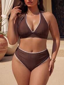 Swim Chiccia 大尺碼女款兩件式純色休閒泳衣套裝 - 咖啡棕 - 查看 4