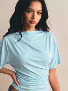 Poéselle 女款休閒淺藍色抓皺腰上衣，適合外出、日間、度假、夜晚穿著，荷葉袖上衣，夏季款 - 水鴨藍 - 查看 5