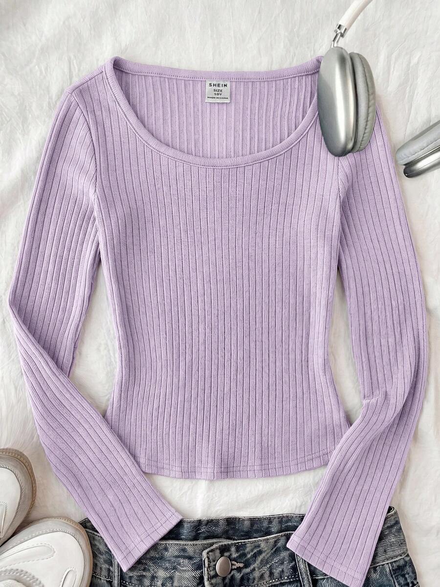 Tween Girls Ribbed Crew Neck Stretch Slim Fit All-Match Versatile Minimalist Long Sleeve T-Shirt, Comfortable - Purple - View 1