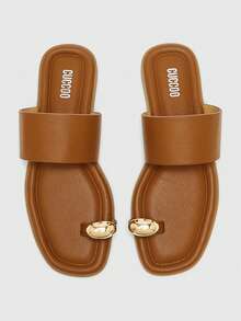 CUCCOO BIZCHIC Women Shoes Multi-Colored Leather Metal Finger Buckle Square Toe Flat Bottom Fresh Casual Style Suitable For Daily Travel Beach Wear - Brown - View 2