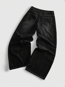 ROMWE MEN 男士寬鬆弧形腿牛仔褲，附蜘蛛網刺繡 - 黑色 - 查看 2