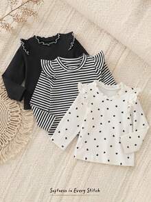 Cozy Pixies Baby Girl Autumn/Winter Cute Versatile Casual Knit Solid Color Heart-Shaped Striped Heart Pattern Flutter Sleeve Long Sleeve Top 3pcs -Piece Set - Multicolor - View 10