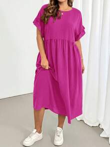 Shapeblank Vestido de verano casual de talla grande con unicolor y bajo con volantes - Rosa Fucsia - Ver 5