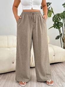 SHEIN PETITE CURVE Plus Size Casual Loose Pants For Vacation Bussines Vacation Khaki Summer Bussines Vacation - Camel - View 6