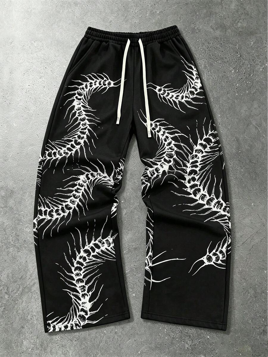 ROMWE MEN Goth Men's Colorblock Print Drawstring Waist Sweatpants - Black - View 1
