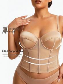 SHAPORA 女款大尺碼鋼圈魚骨式 Bustier 上衣，緞面網布拼接，聚攏胸型，可拆式肩帶，塑身外出派對內衣上衣 - 杏色 - 查看 5