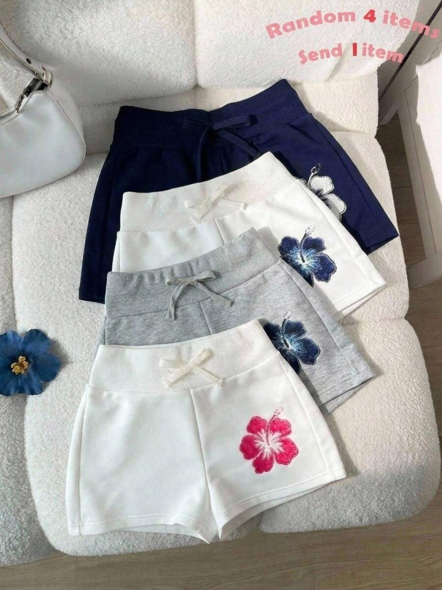 SHEIN شورت أبيض محبوك بخصر عالي مزين بفيونكة مضلع للفتيات المراهقات - أبيض - مشاهدة 1