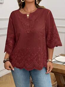 SHEIN LUNE Plus Size Women's Floral Embroidered Pattern Casual Daily Wear Shirt - Brown - View 1