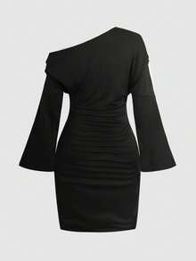 SHEIN Teen Girls Dresses Autumn New Black Knitted Asymmetrical Shoulder Bell Sleeve Ruched Waist Short Dress - Black - View 2