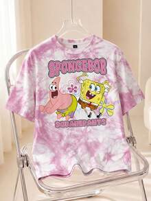 SpongeBob SquarePants | SHEIN Plus Size Cartoon Print Round Neck Short Sleeve T-Shirt - White - View 1
