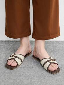 CUCCOO BIZCHIC Women's Spring/Summer New Patchwork Square Toe Soft Sole Flat Sandals With Metal Buckle Cross Strap, Suitable For Daily Commute, Vacation, Outings - Brown - View 5