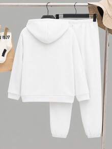 SHEIN هودي فضفاض للأطفال والفتيان المراهقين مع طقم من قطعتين، ملابس كاجوال للعودة إلى المدرسة، التنقل، الارتداء اليومي، بأسلوب جامعي، رياضي - أبيض - مشاهدة 2