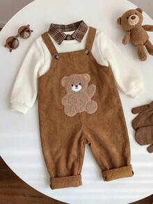 Baby Boy Cartoon Bear Pattern Corduroy Romper - Brown - View 3