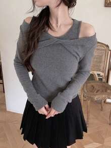 DAZY Women's Round Neck Off-Shoulder Korean Style Long Sleeve T-Shirt - Grey - View 1