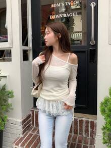 DAZY 女款不對稱領口荷葉邊細肩帶上衣休閒法式優雅長袖兩件套秋季早午餐米白色 - 杏色 - 查看 10