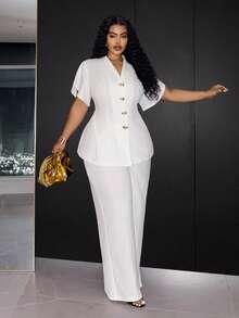 Slaydiva Early Autumn New Arrival Elegant White Fitted Short Sleeve Petal Waist-Cinching A-Line Blazer With Metal Button Decor And Matching Extra Long Pants Women's Plus Size Suit Set For Concert, Party, Wedding Season, Cocktail, Date, Birthday Gathering - White - View 6