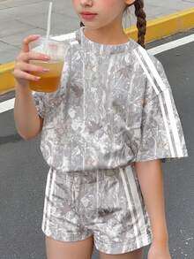 兒童青少年女孩復古灰色休閒圓領短袖T恤與短褲2件套，適合春夏日常街頭穿搭 - 彩色 - 查看 3