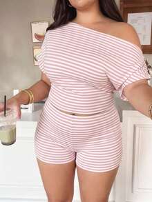 POPSWAY Plus Size Women's Asymmetrical Shoulder Striped Top And Shorts Casual Daily Outfit - Multicolor - View 3