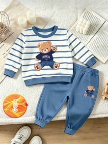 SHEIN Comfortable Crew Neck Long Sleeve Sports Sweatshirt & Sweatpants 2-Piece Set, Thermal Lined Sweatshirt & Sweatpants Set, College Style Striped Bear Pattern - Multicolor - View 3