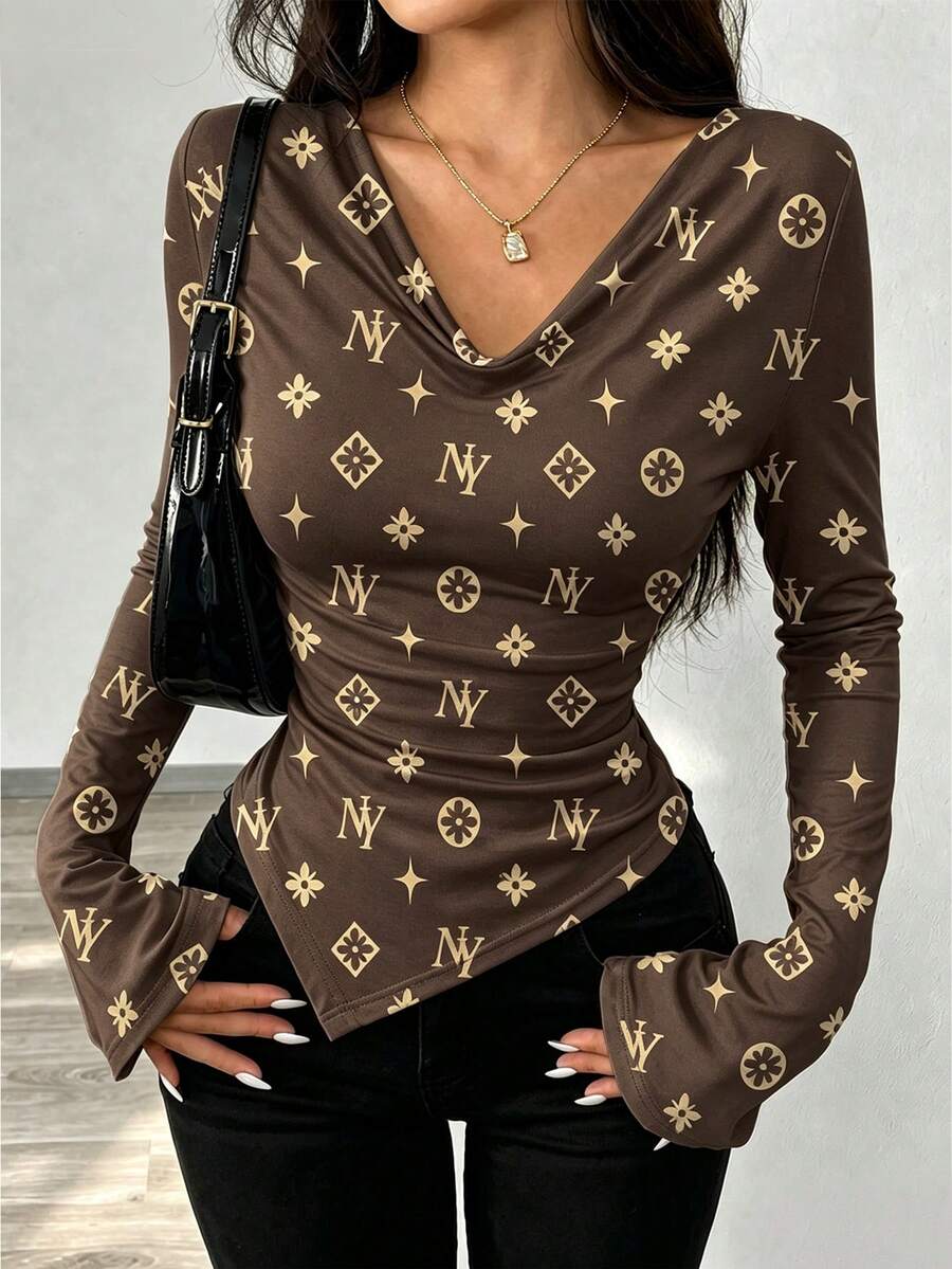 SHEIN Off-Shoulder Asymmetrical Neckline Waist-Cinching Asymmetrical Hem Knit T-Shirt - Brown - View 1