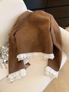 Franclia Chaqueta corta de mujer con parches de encaje, nuevo estilo de otoño - Café integral - Ver 2