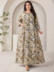 Veilorie Plus Size Women's Floral Print Round Neck 3/4 Sleeve Casual Vacation Dress - Multicolor - View 1
