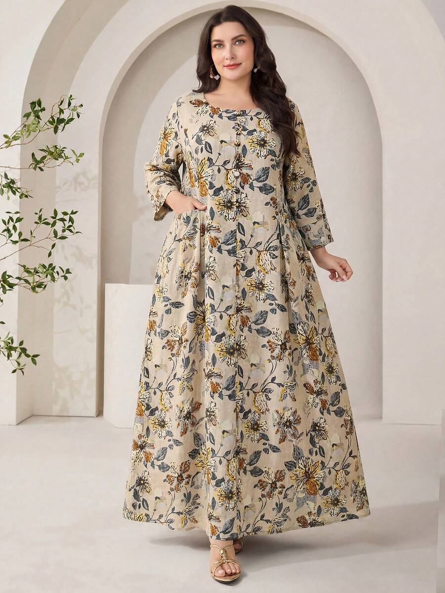 Veilorie Plus Size Women's Floral Print Round Neck 3/4 Sleeve Casual Vacation Dress - Multicolor - View 1