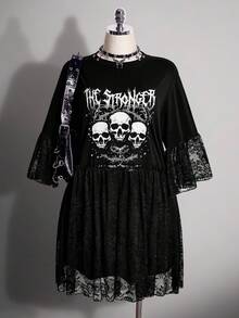 SHEIN ICON 女款大尺碼蕾絲拼接骷髏印花黑色T恤洋裝 - 黑色 - 查看 4