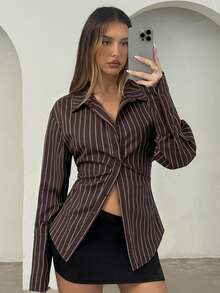 Aloruh 女款優雅休閒學院風棕色條紋鈕扣收腰襯衫，返校季教師秋季上衣，教師節辦公室早午餐穿搭 - 彩色 - 查看 3