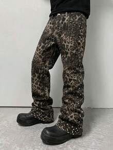 ROMWE MEN Jeans de mezclilla con capas y estampado de leopardo con strass brillante para hombre - Albaricoque - Ver 1